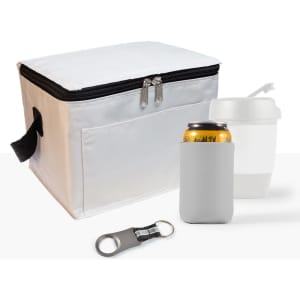A white cooler bag, a drink bottle, a can in a sleeve, and a bottle opener. The bag features a zipper and a handle.