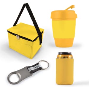 A yellow cooler bag, a yellow drink cup, a can cooler, and a bottle opener with a keyring.