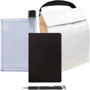 A cooler bag, a clear drink bottle with a black cap, a black notebook, and a silver pen.