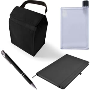 A cooler bag, a transparent drink bottle, a black notebook, and a black pen.