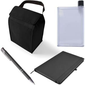 A cooler bag in black, a transparent drink bottle, a black notebook, and a black pen arranged together.
