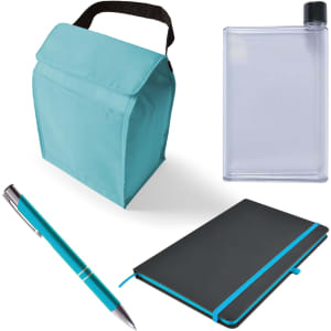A teal cooler bag, a clear drink bottle, a black notebook with a blue elastic band, and a silver pen.