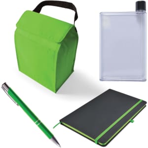 A green cooler bag, a clear drink bottle, a silver and green pen, and a black notebook with a green elastic band.