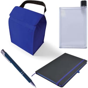 A blue cooler bag, a clear drink bottle, a black notebook, and a silver pen with a blue accent.