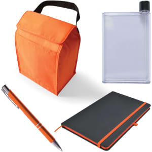 An orange cooler bag, a clear drink bottle, a black notebook, and an orange pen are displayed together.