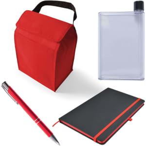 A red cooler bag, a clear drink bottle, a black notebook with a red strap, and a silver pen. All items are in a flat layout.