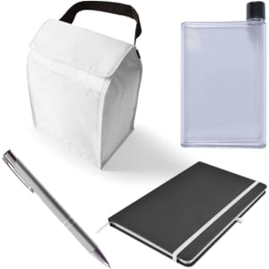 A cooler bag with a handle, a clear drink bottle, a silver pen, and a black notebook with a strap.