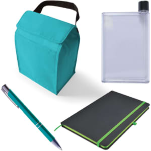 A cooler bag in teal, a transparent drink bottle, a black notebook with a green elastic band, and a blue pen.