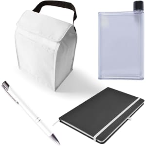 A cooler bag, a clear drink bottle, a black notebook, and a silver pen are displayed together.