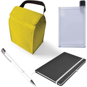 A yellow cooler bag, a transparent drink bottle, a silver pen, and a black notebook are featured in the image.