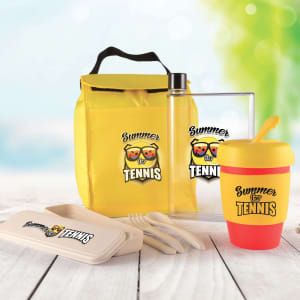 A yellow picnic pack containing a drink bottle, a container, cutlery, and a lunch box with a logo.