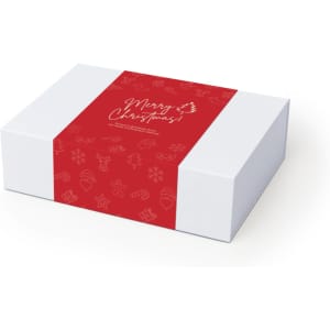A gift box with a white base and a red wrap featuring festive holiday designs and a greeting.