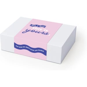 A white box with pink and blue design featuring a logo. The text includes playful phrases and a wrap-around band.