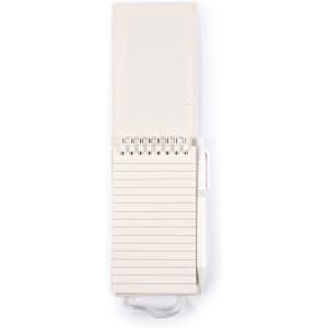 A notepad with a spiral binding and lined pages, accompanied by a pen, in a light color.