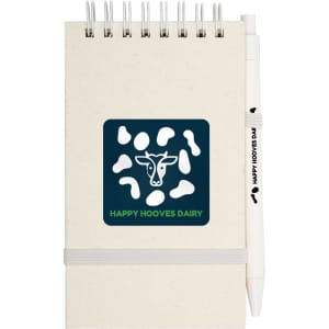 A notepad with a spiral binding and a white pen, featuring a logo on the cover and an elastic band.