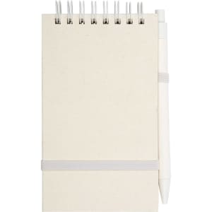 A notepad with a white pen attached, featuring a spiral binding and an elastic band for closure.