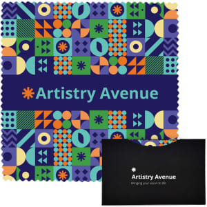 A colourful lens cloth set featuring a vibrant geometric pattern with a black pouch. It includes a logo.