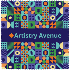 A patterned lens cloth featuring various geometric shapes in blue, green, orange, and yellow, with a branding logo.