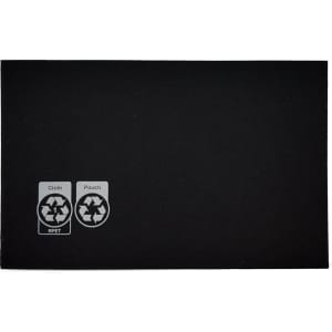 A black RPET lens cloth set with a pouch, featuring recycling logos on the side.