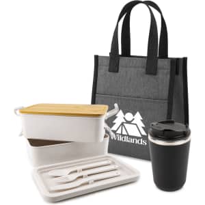A grey tote bag contains a black drink bottle, two containers with bamboo lids, and cutlery.