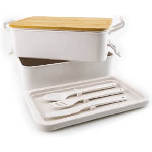 A white lunch container set with a bamboo lid, including a tray and white utensils. The set features a logo.