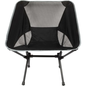 A Marlin Folding Chair featuring a black mesh seat and grey accents, supported by a sturdy black frame.