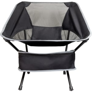 A black Marlin Folding Chair featuring a mesh back and a sturdy frame, with a pocket at the bottom.