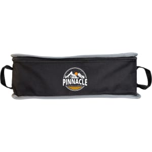 A black storage bag with grey trim and a circular logo featuring a mountain design. It has handles on both sides.