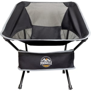 A black folding chair with a mesh backrest and a logo, featuring a sturdy frame and a supportive seat.