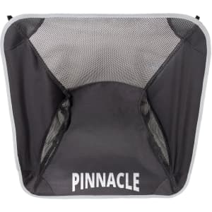 A black folding chair with a mesh back, featuring a white logo. The chair has a simple, modern design.