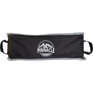 A black bag with grey edges featuring a circular logo. It has two handles for easy carrying.