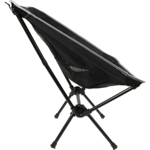 A lightweight folding chair in black with grey accents, featuring a mesh back and a sturdy frame.