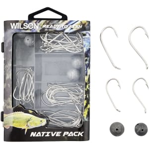 A fishing tackle kit with silver hooks and grey sinkers in a display box, featuring branding on the packaging.