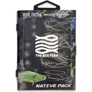 A fishing tackle kit in a black and clear case, containing various fishing hooks and weights, with a logo on the front.