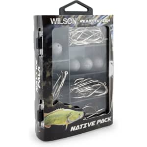 A fishing tackle kit in a black case with various hooks and weights, featuring a logo on the top.