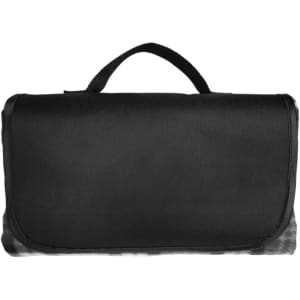 A black picnic blanket with a carry handle, featuring a textured surface and a compact design.