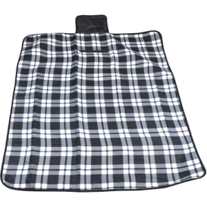A Leisure Picnic Blanket featuring a classic black and white plaid pattern, designed for outdoor use.
