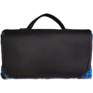 A black leisure picnic blanket with a blue tie-dye underside, featuring a carry handle.