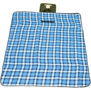 A blue and white checked picnic blanket with a dark green trim and a small attached pouch.