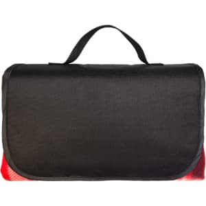A red and black picnic blanket with a carrying handle and a smooth exterior. Includes a logo on the side.