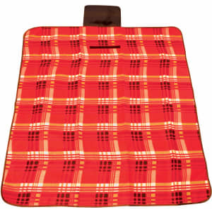 A red and black checkered picnic blanket features a handle for easy carrying and a logo in one corner.