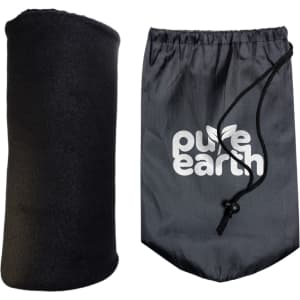 A soft black Polar Blanket rolled up beside a drawstring bag featuring the "Pure Earth" logo.