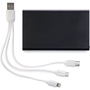 A black portable power bank with a white multi-connector cable featuring USB and Lightning ends.