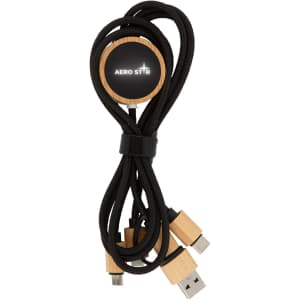 A black charging cable with wooden accents and a circular logo, featuring multiple connectors at the end.