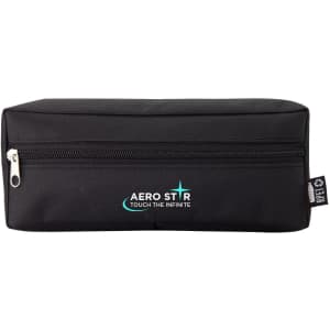 A black zippered pouch with a logo on the front, featuring a rectangular shape and durable fabric.