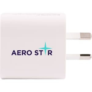 A white power adapter with two prongs, featuring a logo on its surface.