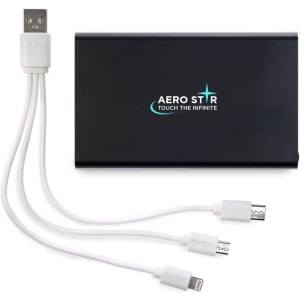 A black portable charger with multiple white charging cables attached and a branding logo.