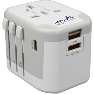 A compact white universal travel adapter with multiple plug options and USB ports for charging devices.