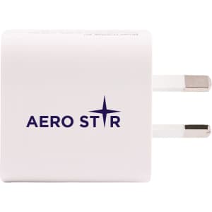 A white power adapter with two prongs and a logo on the front.
