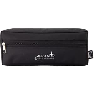 A black, rectangular zippered pouch with a branded logo on the front.